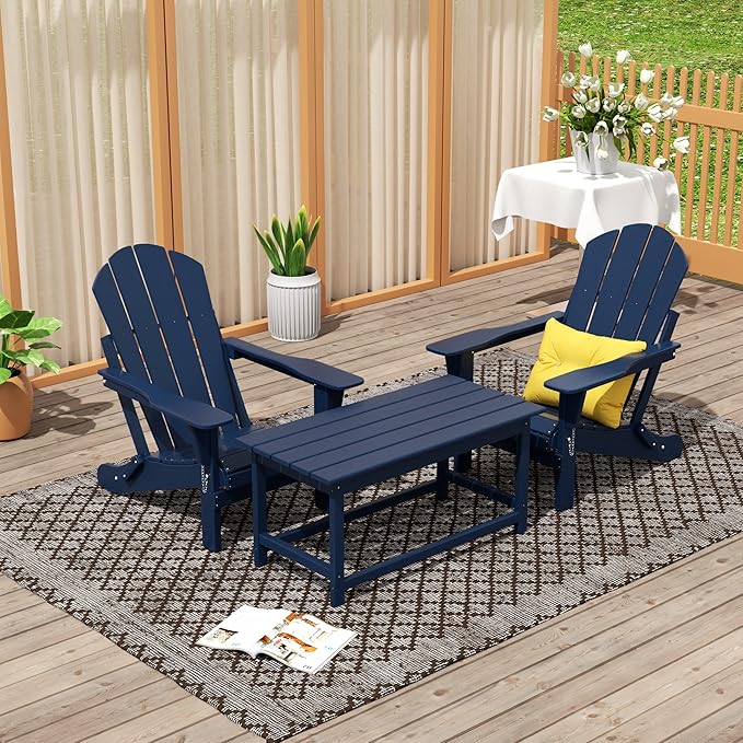 WO Home Furniture Adirondack Chairs Table Set of 3 PCS Outdoor Folding Chairs Coffee Table Weather/UV Resistant for Lawn, Garden, Bon Fire, Balcony (Navy Blue)