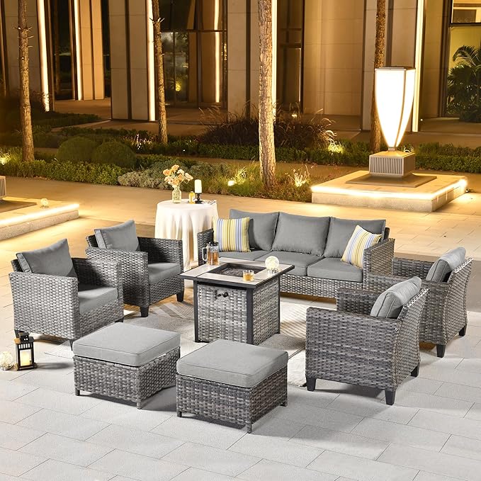 ovios 8 Pieces Patio Furniture Set with 30" Fire Pit Table, Outdoor Wicker Sofa with Comfy Cushions, All Weather High Back Rattan Couch Conversation Set, Dark Grey