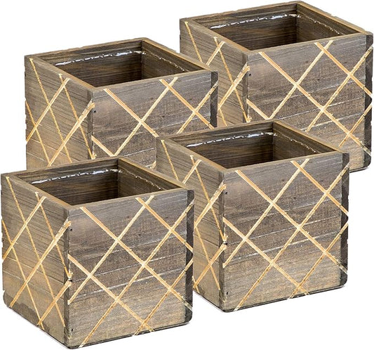 Wood Planter Box with Diamond Cross Hatch Style, 5 Inch Square, Rustic Barn Wood, Plastic Liner, Wedding Flowers Holder, Home and Venue Decor (5x5 Diamond Cross Hatch Set of 4, Natural)