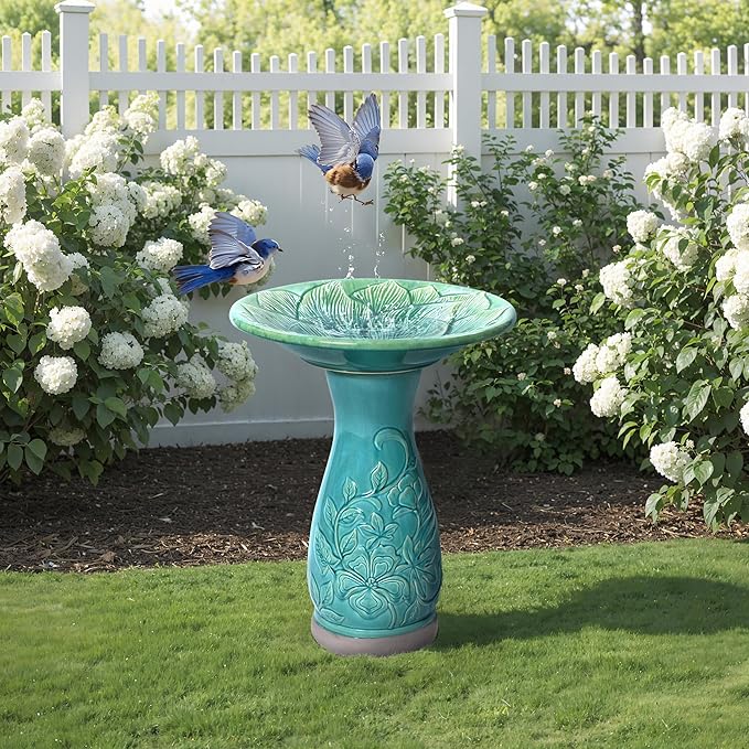 LuxenHome 23 Inch Ceramic Bird Bath for Outside, Elegant Tall Outdoor Bird Bath, Lightweight Pedestal Glazed Birdbaths for Outdoors with Floral Embossed Design, Jade Green