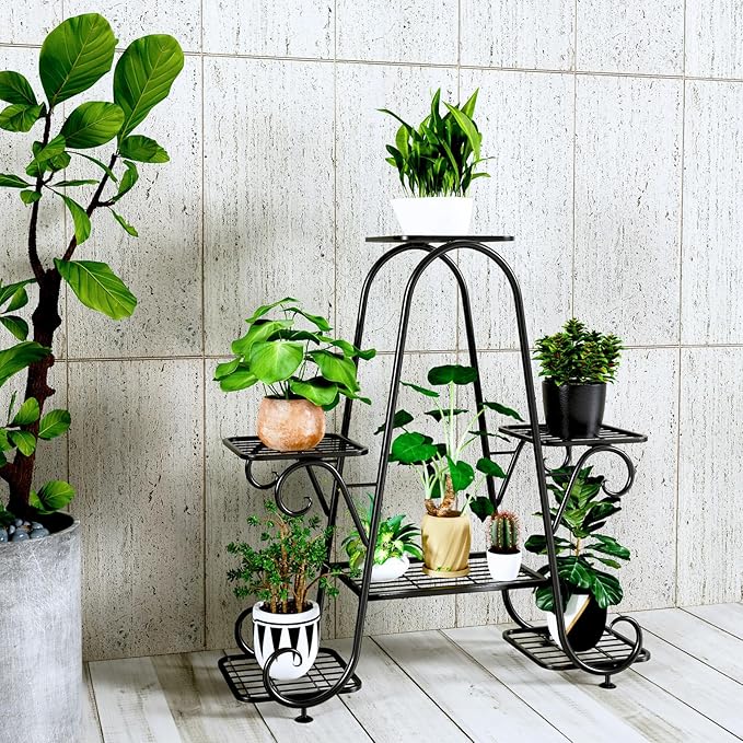 Plant Stand 6 Tier Metal Plant Stands for Indoor Outdoor Plants Multiple Tiered Tall Iron Plant Shelf, Black Plant Rack, Heavy Duty Flower Pot Holder for Corner, Patio, Living Room