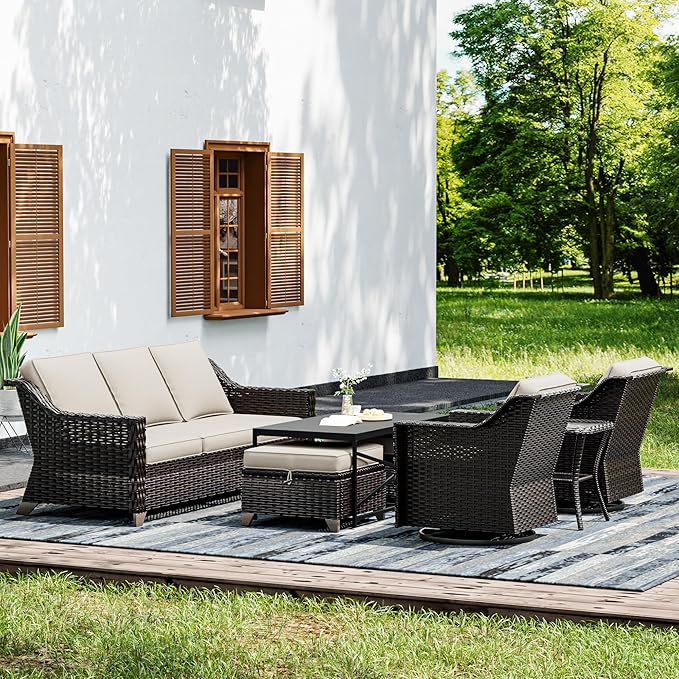 Joyside Wicker Patio Furniture Sets, 7 Pieces Upgraded Large Size Outdoor Furniture with Swivel Rocking Patio Chairs, 3-Seat Sofa, Outdoor Ottoman and Coffee Table, Thick Cushions, Wide Armrest