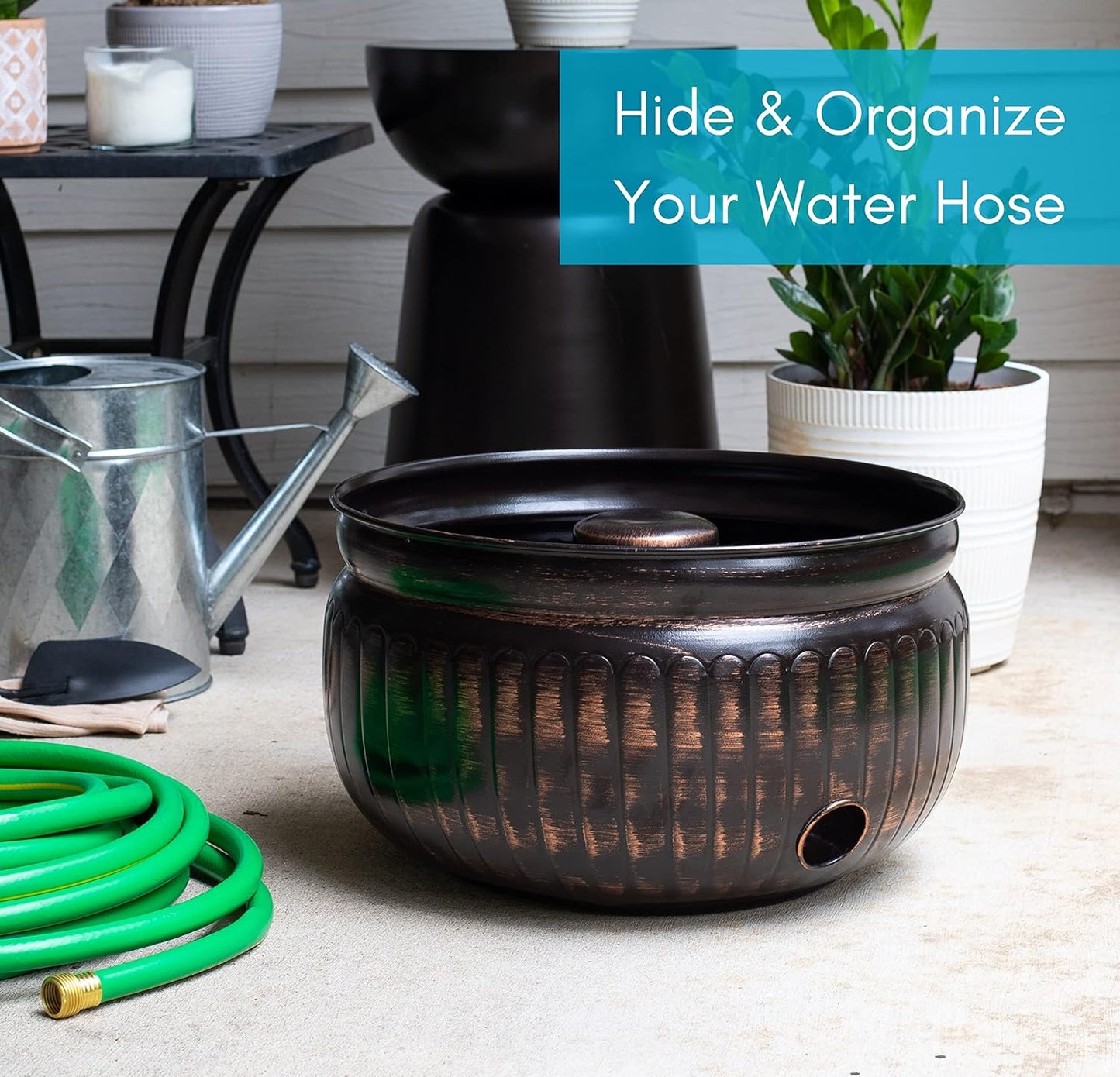 BIRDROCK HOME Water Hose Holder - Decorative Metal Pot, Indoor or Outdoor, Garden Storage Organizer, Patio Portable Bucket - Distressed Bronze, Holds up to 100ft Hoses, Medium No Lid
