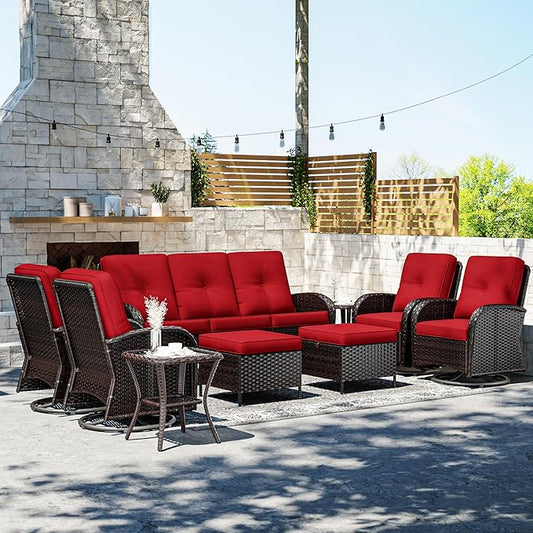 Joyside 9 Piece Patio Furniture Set, Outdoor Wicker Conversation Sets with Swivel Rocker Chairs and Sofa, Thick Cushion, Rattan Patio Sectional for Porch, Deck Use (Brown/Red, 9 PCS)