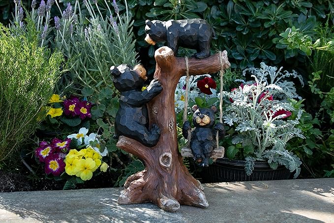 Exhart Garden Sculpture, Bear Family Tree Garden Statue with Real Swing, Outdoor Lawn and Yard Art Decoration, 9 x 6.5 x 14 Inch