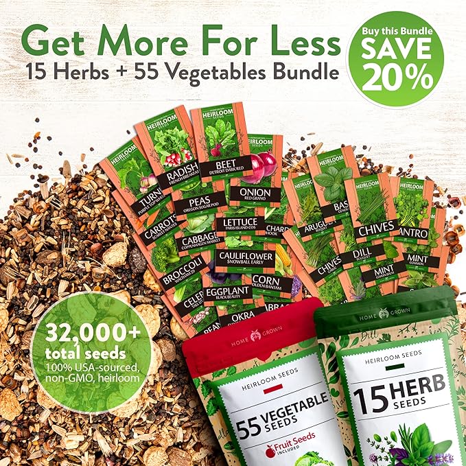 Home Grown 32,000+ Heirloom Seeds for Planting Vegetables and Herbs Bundle: 70 Unique Varieties - 100% Non-GMO Survival Seeds for Planting Indoor or Outdoors