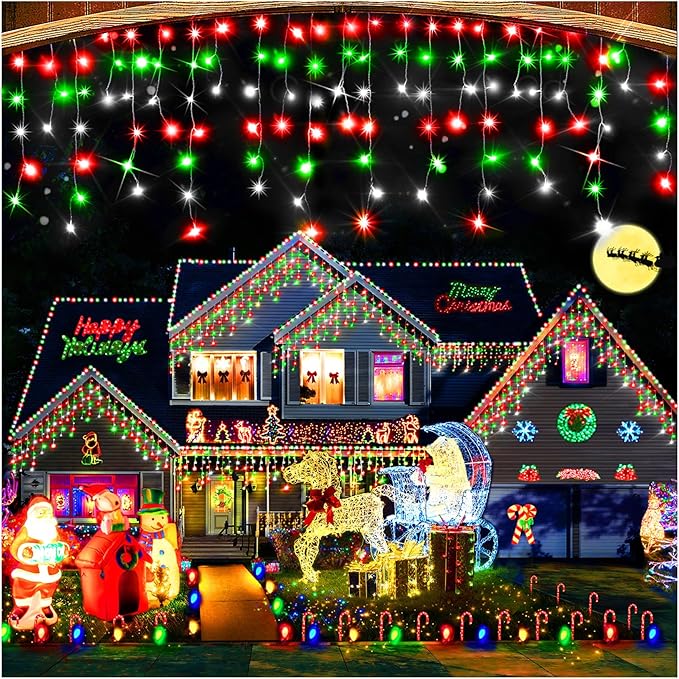 Hezbjiti Christmas Lights Outdoor Decorations,LED Christmas Lights 8 Modes 75 Drops Fairy String Curtain Lights for Christmas Decor Eaves Window Party Yard Garden (Red Green Cold, 1600LED 164FT)
