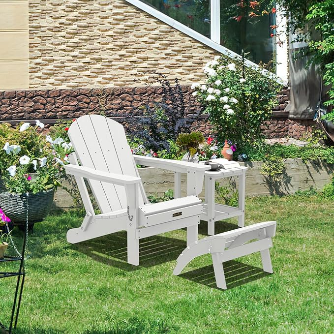 SERWALL Folding Adirondack Ottoman Set of 2, No-Assembly Outdoor Footstool, High Impact Polystyrene Folding Adirondack Footrest, White
