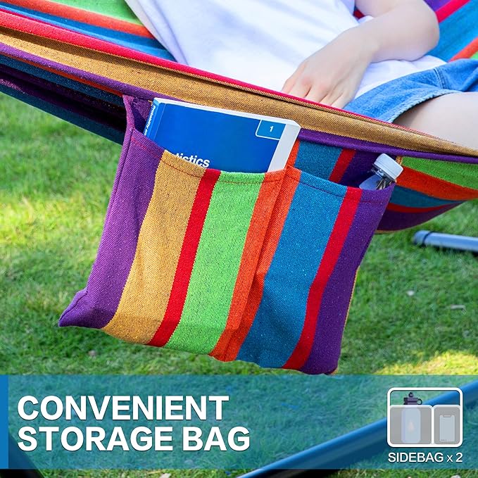 PNAEUT Double Hammocks with Stand for Outside, Portable Space Saving Heavy-Duty Steel Stand for Indoor Outdoor Patio with Carrying Bag, 450 lbs Capacity (Tropical)