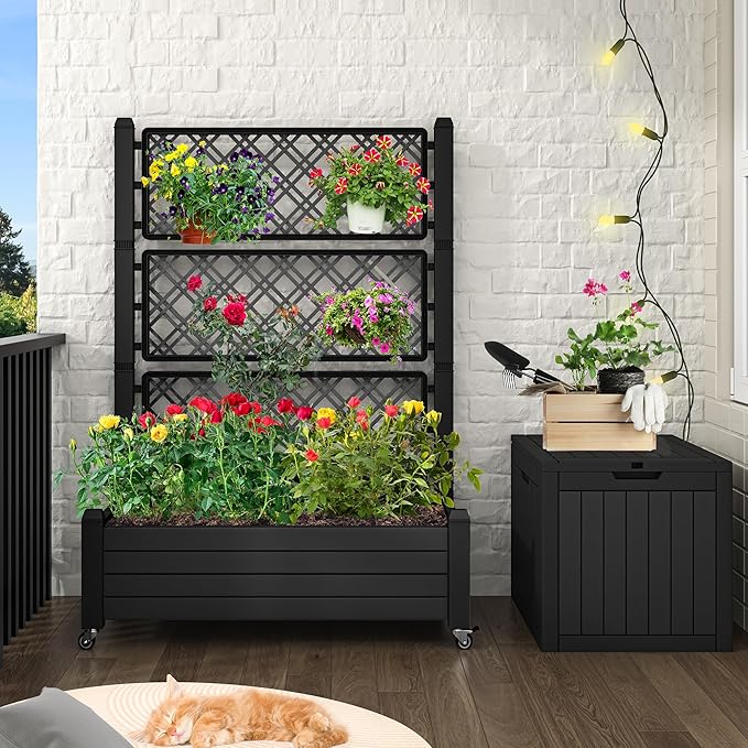 YITAHOME 43.3x17.7x61 in Planter Trellis Box with Wheels & Drain Plug, Outdoor Resin Raised Garden Bed for Climbing Plants, Large Weather-Resistant Design, Black