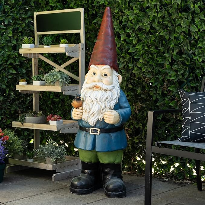 Alpine Corporation ZKD100 Jumbo Size Gnome with Bird Decor, Whimsical Gnome Statue for Patio & Garden, 48" H, Multicolor