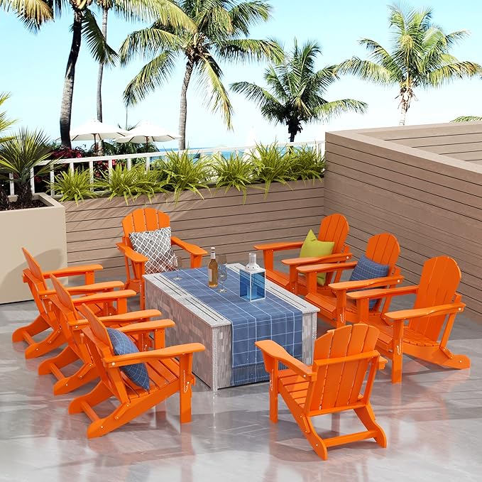 Westin Outdoors Laguna WO Outdoor Adirondack Folding Patio Chairs 8 PCS Set Retro Beach Aesthetic for Backyard, Lawn, Patio, Deck, Garden, Weather Resistant Polyethylene Plastic Lounger (Orange)