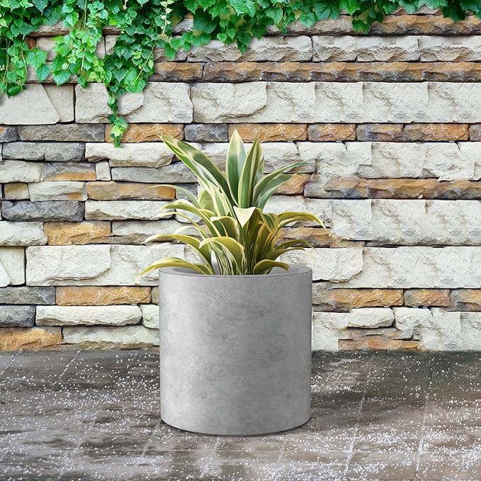 Kante 9.8" Dia Round Concrete Planter, Modern Style Large Cylindrical Plant Pot with Drainage Hole and Rubber Plug for Indoor Outdoor Patio, Natural Concrete