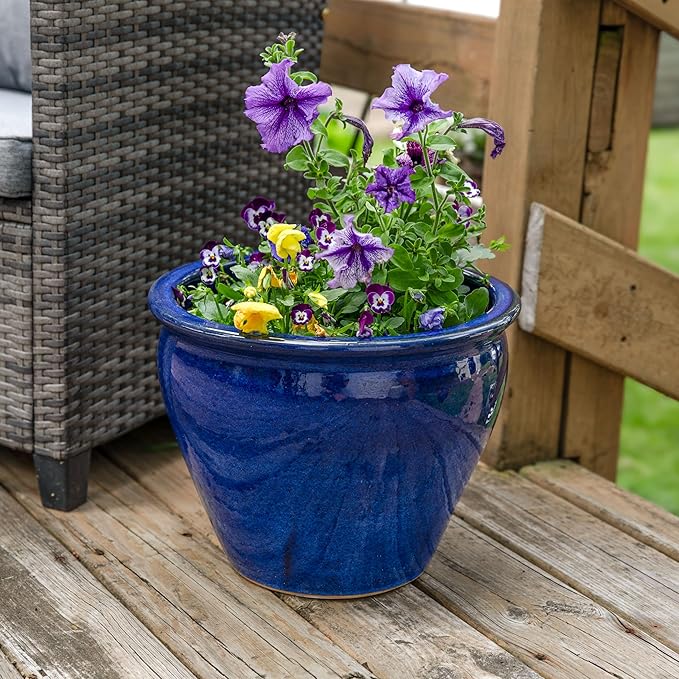 Sunnydaze 18.5" Large Ceramic Plant Pot - Round Outdoor Glazed Ceramic Planter Pot with Drainage - Imperial Blue - Studio