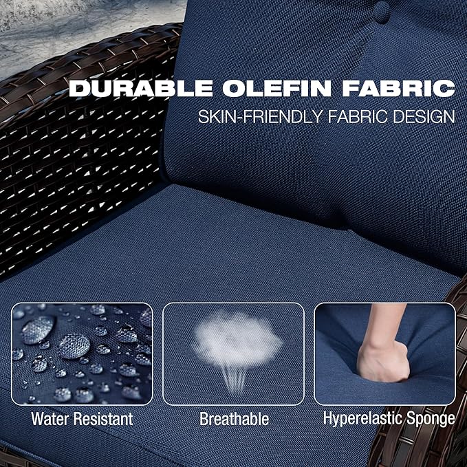 Joyside 5 Piece Patio Furniture Set, Outdoor Swivel Chair Sets with Thick Cushion and Ottoman, Wicker Patio Conversation Set for Porch, Deck Use (Brown/Blue, 5 PCS)