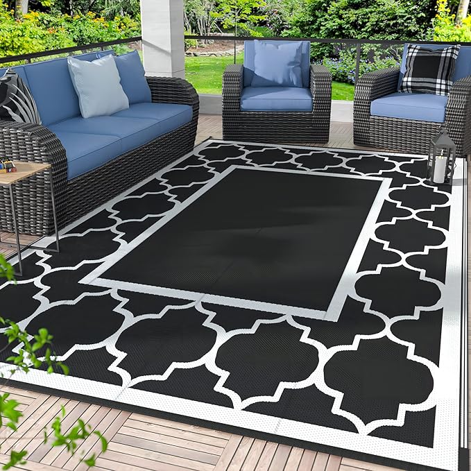 GENIMO 5' x 8' Outdoor Rug Waterproof for Patio Decor, Foldable Reversible Plastic Straw Area Rugs Mat for Camper, Outside Carpet for Rv, Deck, Porch, Picnic, Beach, Balcony, Black & White
