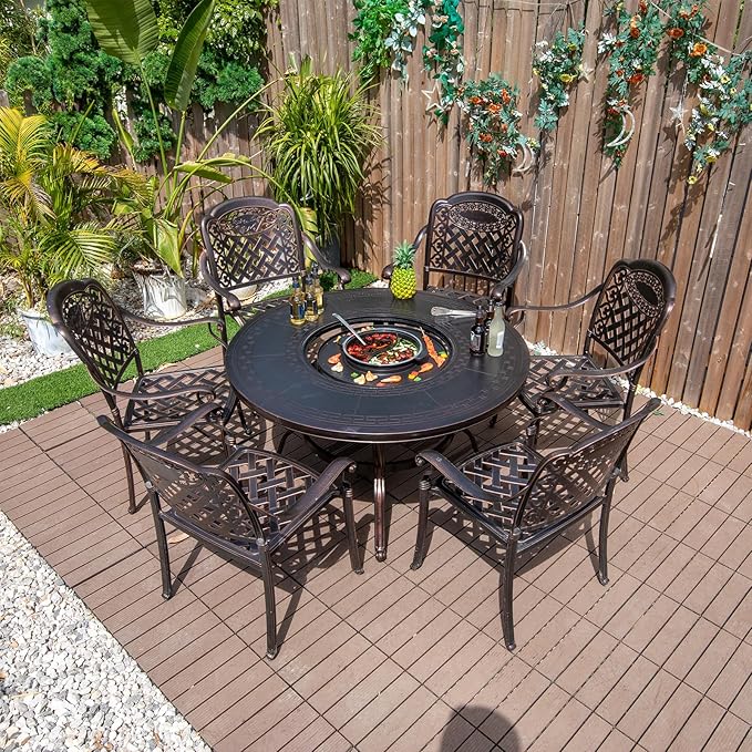 Outdoor Dining Chair Cast Aluminum Patio Chairs Set of 2 All-Weather Patio Dining Chair with Adjustable Feet for Backyard Garden (Slanted Grid Square Chair)