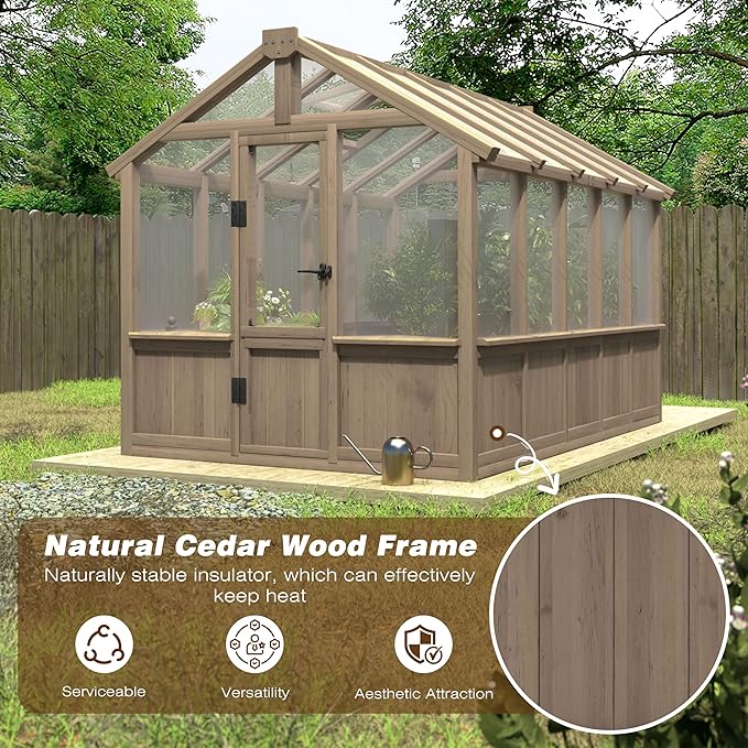 6x10 FT Green House for Outdoor, 6MM Thick Polycarbonate Panel Wooden Walk-in Greenhouse Kit with Lockable Door and Adjustable Roof Vent, Backyard Garden, Light Mocha Brown