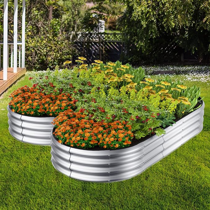 Raised Garden Bed Kit, 4x2x1 ft Galvanized Planter Box Outdoor with Safety Edging, Large Metal Raised Beds for Gardening Vegetables Flower Herb (Silver)