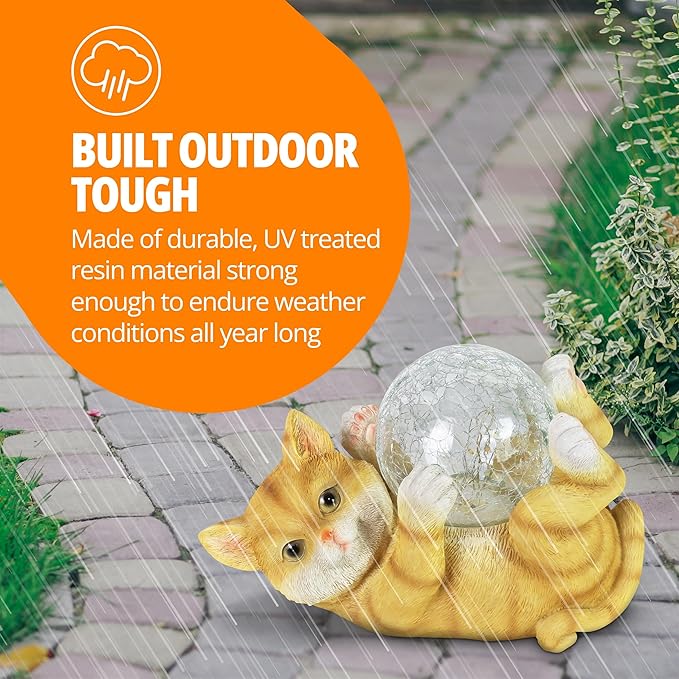 Exhart Garden Sculpture, Solar Cat Garden Statue with LED Light Crackle Ball, Outdoor Garden Decoration, 10.5 x 7.5 Inch, Multicolor, Resin
