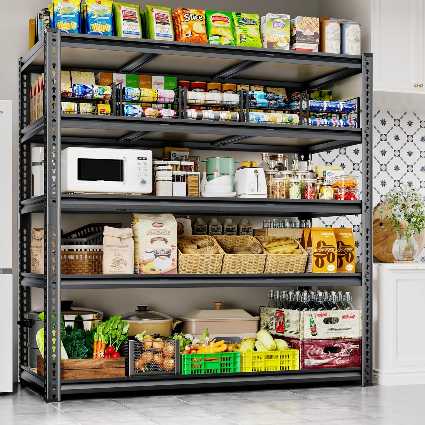 48"W Garage Shelving, 3050LBS Storage Shelves heavy duty, 5 Tier Metal Shelving Unit Adjustable Garage Shelves Heavy Duty Shelving for Warehouse,Commercial, Kitchen, 48" W × 18" D × 72" H, Black, 2PCS