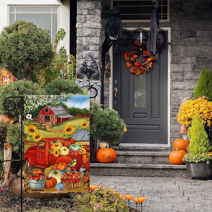Morigins Autumn Harvest Farm Truck Fall Pumpkin Garden Decorations Double Sided FarmHouse Outdoor Garden Flag 12.5 x 18 Inch