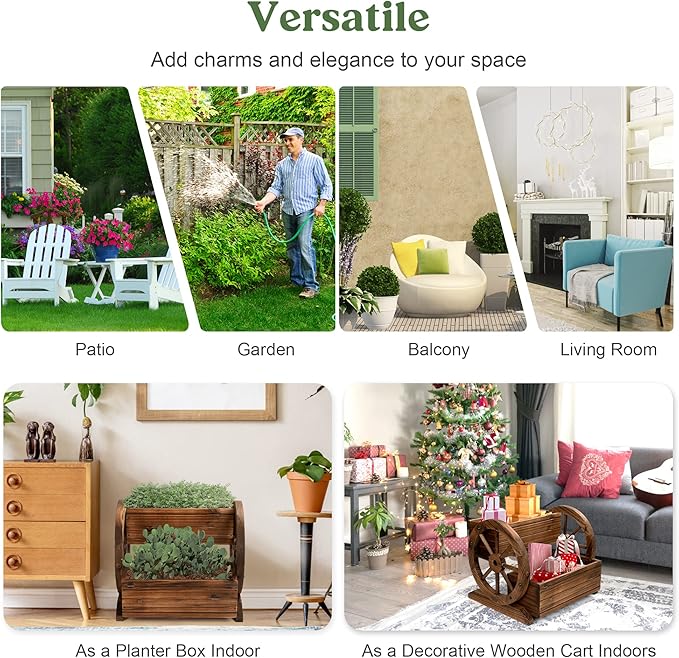 2PCS Wooden Wagon Planter Box, Garden Planter with Wheels,Decorative Flower Planter for Flowers Herbs Vegetables for Indoor & Outdoor Decor,Wooden Flower Cart for Patio Garden Balcony