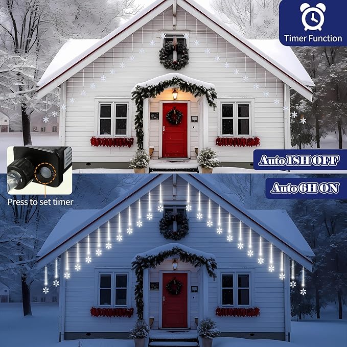 Enhon 2 Pack Meteor Shower Snowflake Lights Outdoor with Timer, Total 480 LED 12in 16 Tube Connectable Waterproof Meteor Rain Drop Christmas Light with Snowflake for Xmas Tree Roof Garden(Cool White)