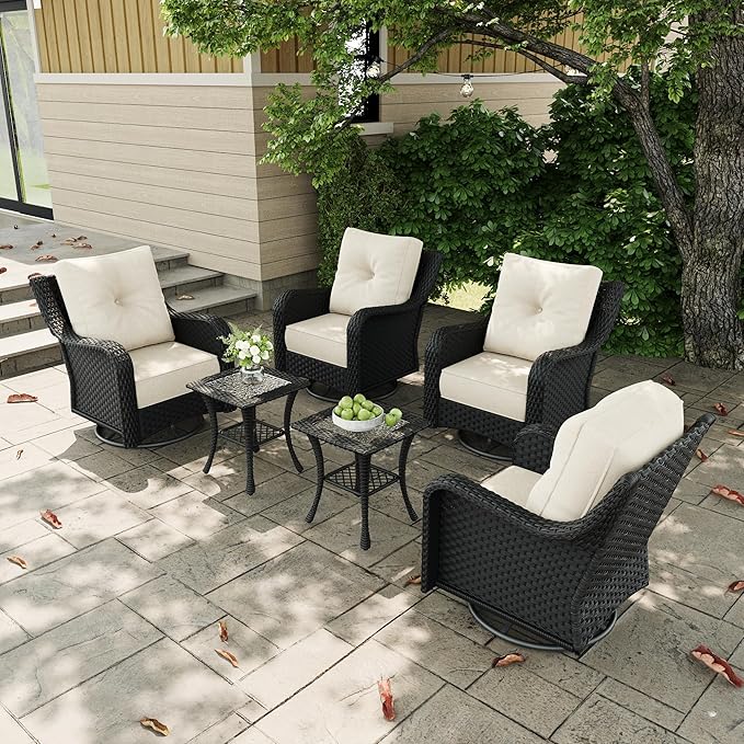6 Pieces Outdoor Patio Furniture Sets with Rocking Swivel Chairs with 6-inch Thick Cushion and Side Table for Deck Lawn
