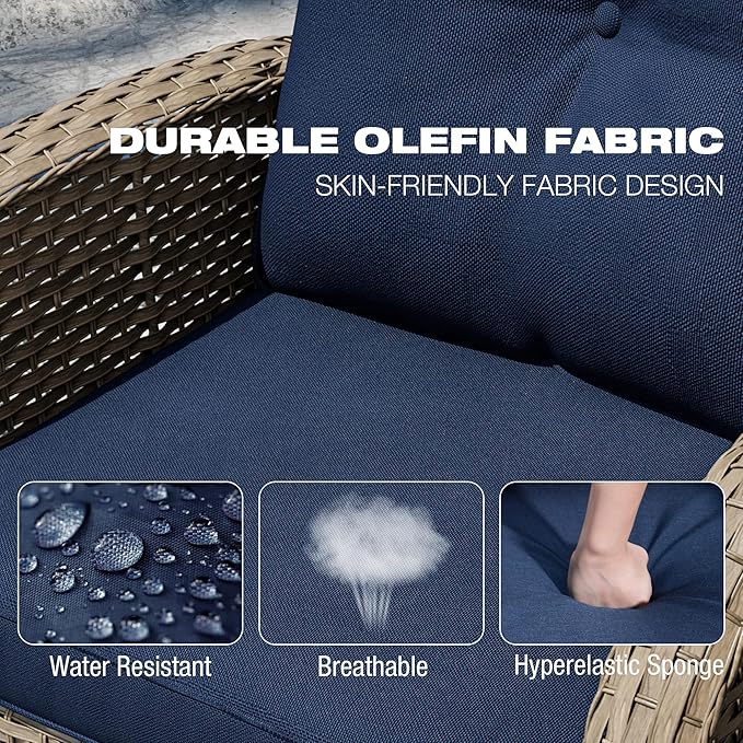 Joyside Outdoor Swivel Rocker Chairs, 3 Piece Wicker Patio Set with Thick Cushion and Side Table, Rattan Patio Swivel Rocking Chairs for Porch, Deck Use (Natural/Blue, 3 PCS)