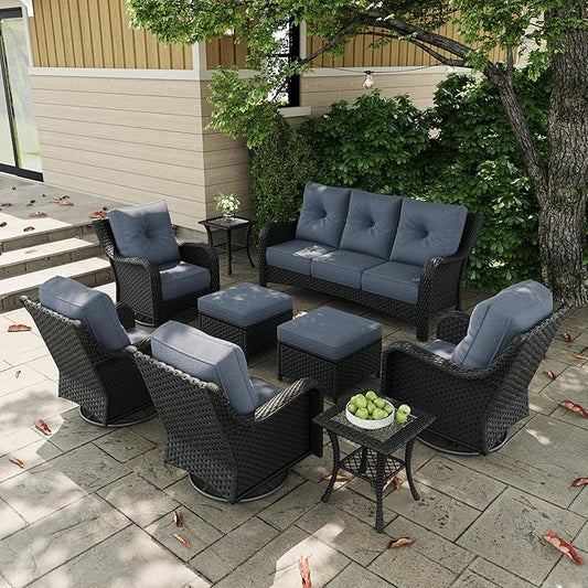 9 Pieces Outdoor Patio Furniture Sets with Rocking Swivel Chairs with 6-inch Thick Cushion and Side Table for Deck Lawn