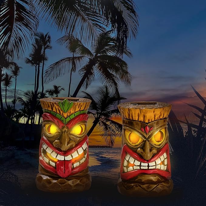TERESA'S COLLECTIONS Tiki Head Garden Decor with Solar Outdoor Light, Set of 2 Tropical Hawaiian Tiki Torch Resin Christmas Decorations Garden Sculptures & Statues Yard Decor Thanksgiving Gifts 6"