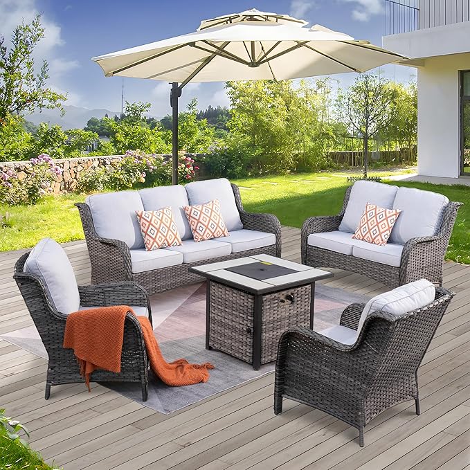 ovios 5 Pieces Patio Furniture Set with 30" Fire Pit Table, Outdoor Wicker Sofa with Loveseat, Comfy Cushions, High Back Couch Conversation Set, Grey Rattan, Grey