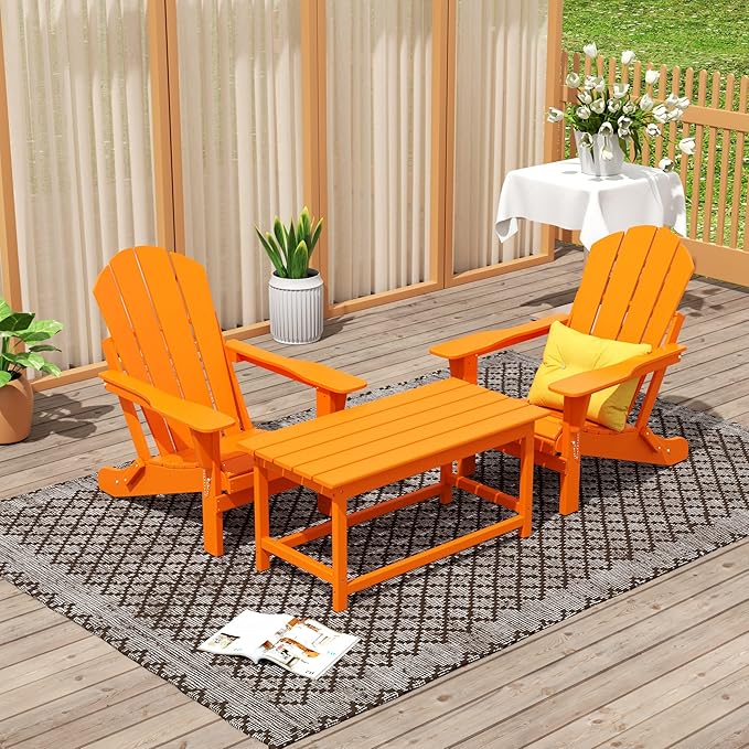 WO Home Furniture Adirondack Chairs Table Set of 3 PCS Outdoor Folding Chairs Coffee Table Weather/UV Resistant for Lawn, Garden, Bon Fire, Balcony (Orange)
