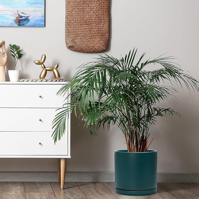 D'vine Dev 8 Inch & 10 Inch Ceramic Planter Pot for Plants with Drainage Hole and Saucer, Large Plant Pots Set, Teal, 94-G-L-9