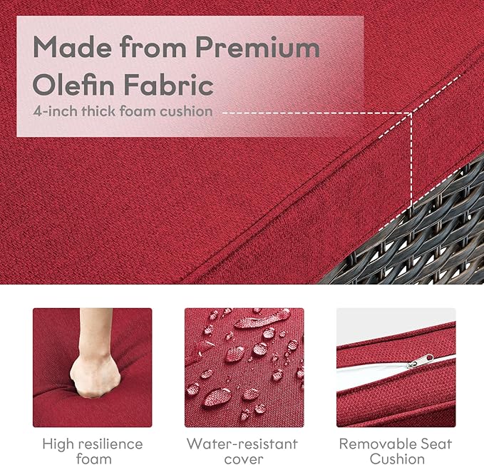 5 Piece Outdoor Patio Furniture Set - Wicker Furniture Patio Conversation Set, Outdoor Swivel Rocker Chairs with Loveseat Sofa and 2 Ottomans for Small Space, Red Cushion