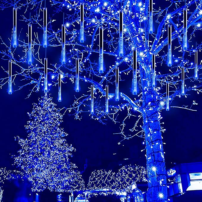 Christmas Lights, 16 Inch/40cm Meteor Shower Lights, Xmas Decorations for Outside Yard Party, LED Icicle Christmas Light Outdoor for Tree Porch House Holiday, UL Plug, Blue