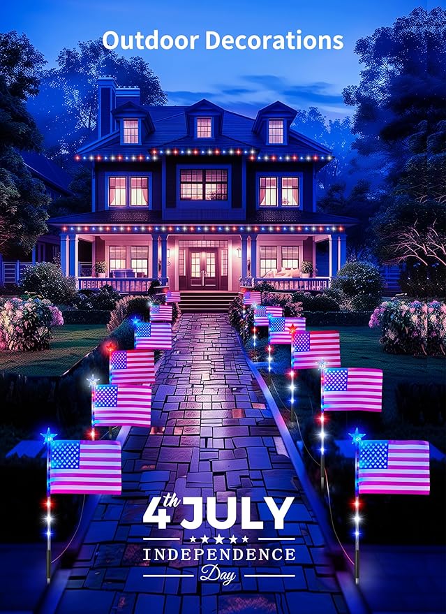 Brightown 4th of July Decorations Outdoor, Red White and Blue Lights, 6 Flag Lights Pathway, Memorial Day Decorations for Independence Day Garden Yard Lawn Outside Patriotic Decorations