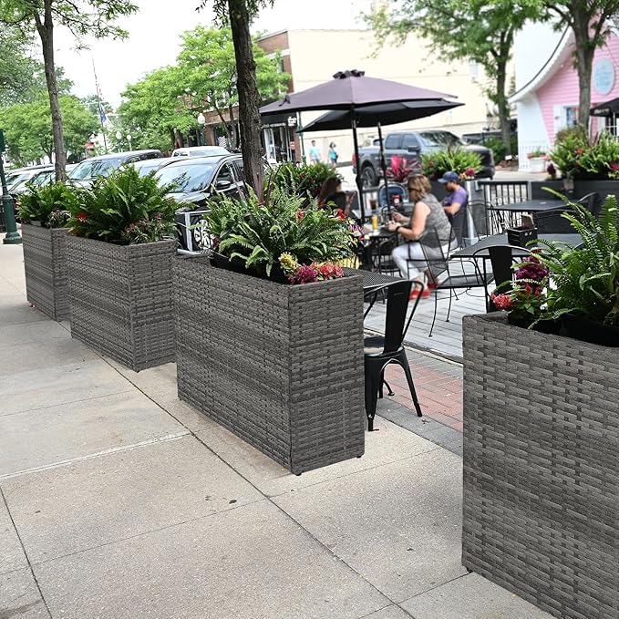 LEWIS&WAYNE Large Rectangular Block Planter Box Handmade Wicker Tall Planters for Outdoor Plants with Removable Liners Modern Planter for Indoor Outdoor Patio Deck - Gray, 32''x11''x24''