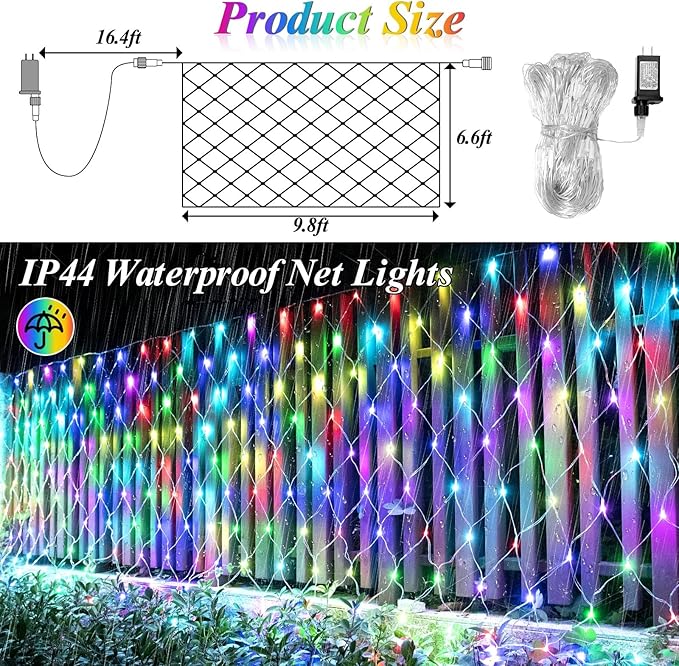 LitHome 204 LED Color Changing Christmas Net Lights, 9.8ft x 6.6ft Connectable Mesh Fairy String With Remote, Waterproof Plug-in Multicolored for Bushes, Garden, Backyard, Outdoor Decor