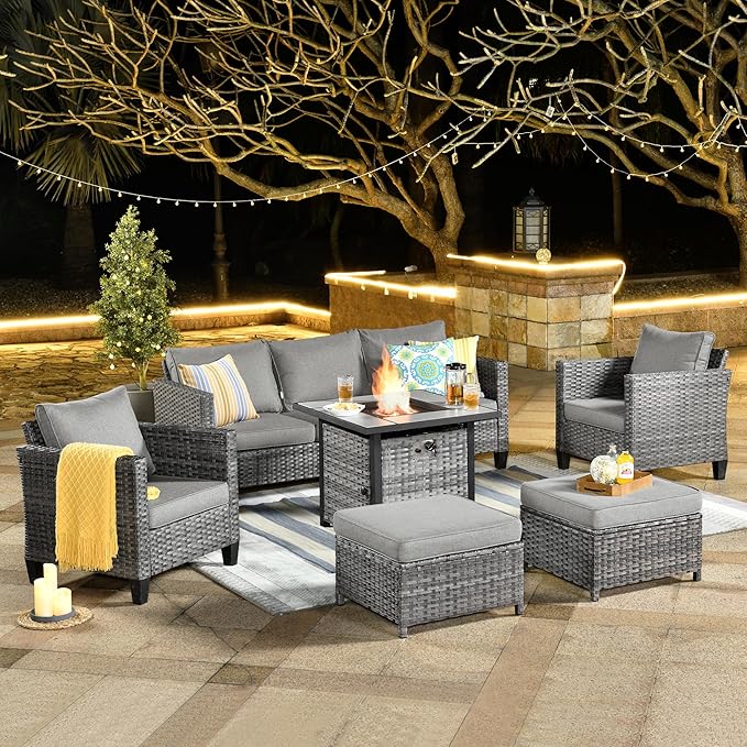 ovios 6 Pieces Patio Furniture Set with 30" Fire Pit Table, Outdoor Wicker Sofa with Comfy Cushions, All Weather High Back Rattan Couch Conversation Set, Dark Grey