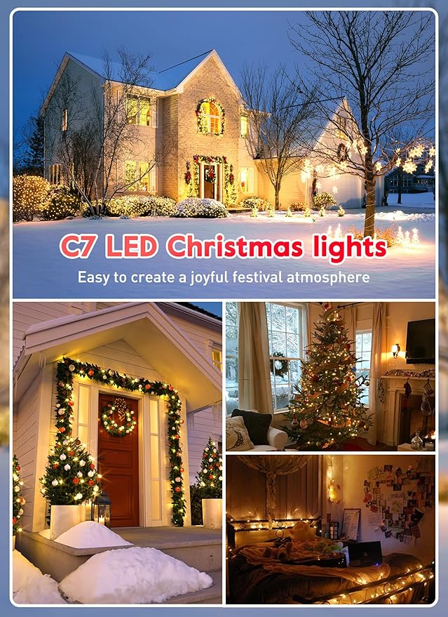 Brightown C7 Clear LED Christmas String Lights Outdoor, 25FT Connectable Christmas Lights with 26 0.6W Bulbs(1 Spare), Vintage Hanging Lights for Xmas Holiday Party Patio Roofline House Decor