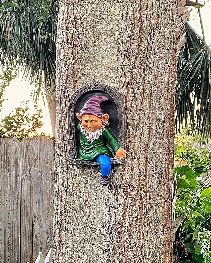 Elenon Elf Out The Door Gnome Tree Faces Decor Outdoor for Yard, Adorable Gnome Tree Hugger Fairy Door Statue for Tree, Funny Garden Tree Peeker Sculpture Yard Patio Art