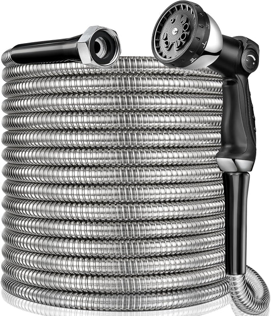 150 ft Garden Hsoe - 2025 New 304 Stainless Steel Garden Hose with 10-Function Spray Gun, 3/4'' Copper-Chrome Fittings – Lightweight, Durable, and Kink-Free, Metal Water Hoses for Gardening