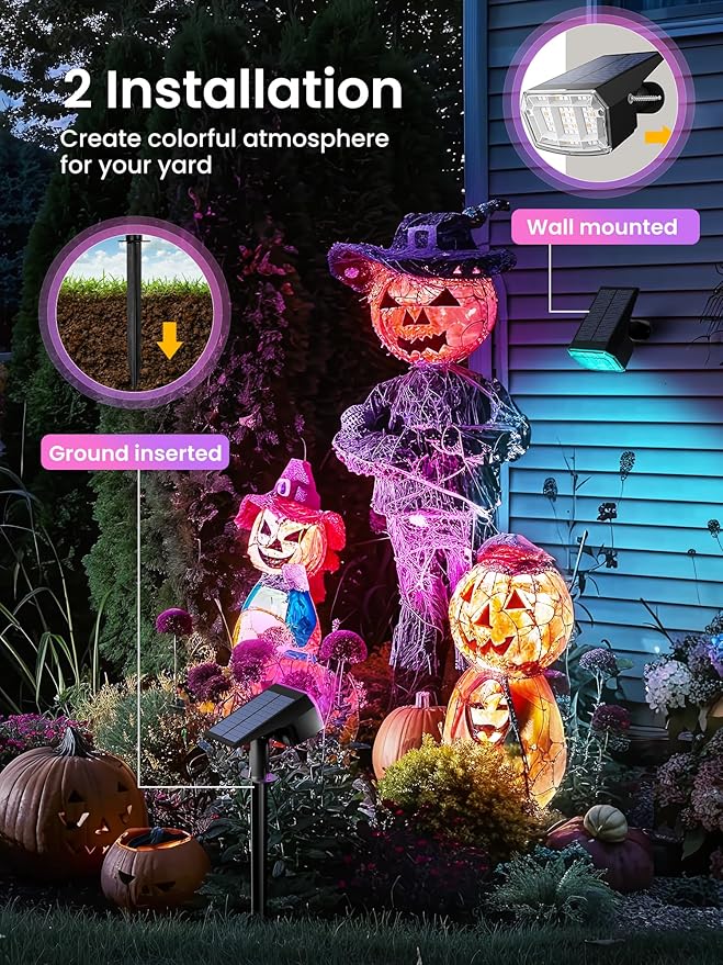 Color Changing Solar Spot Lights Outdoor, 9 Lighting Modes Colored Solar Lights Outdoor RGB, Color Solar Lights Waterproof IP65, Landscape Spotlights for Halloween Christmas Decorations