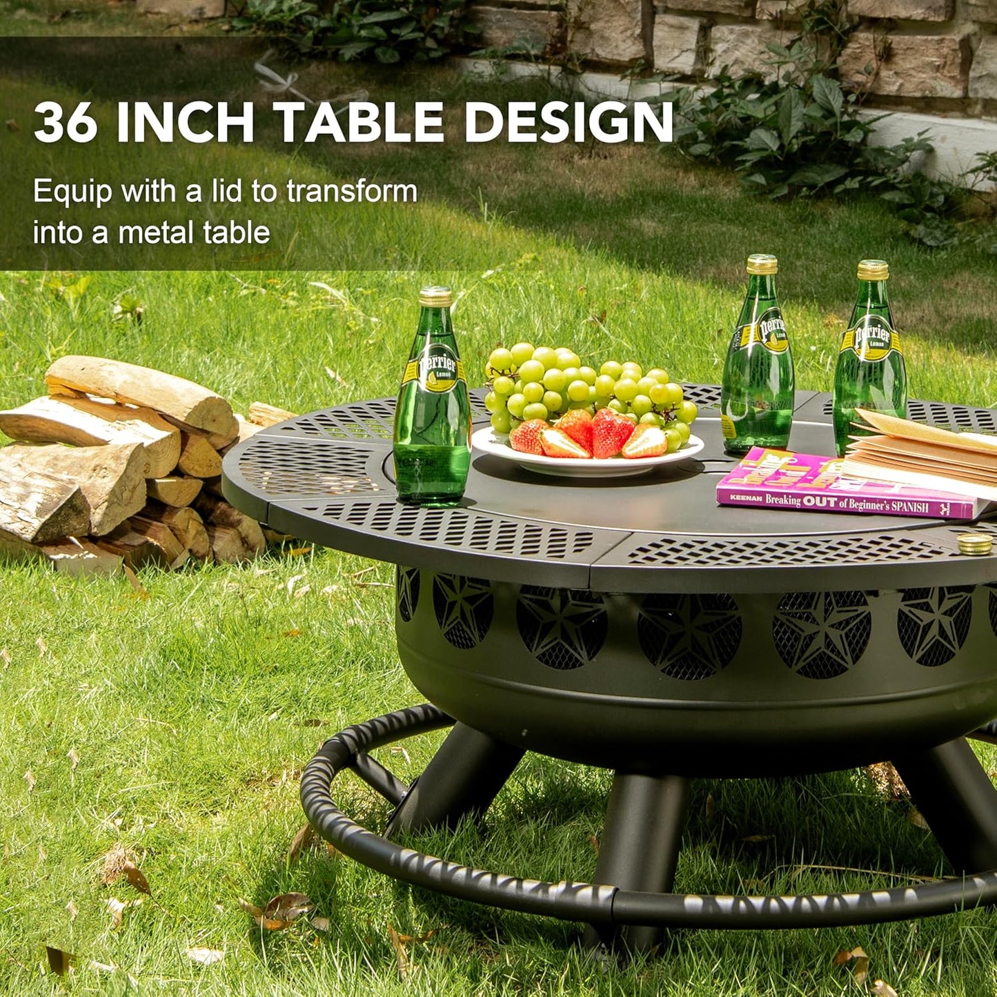 Fire Pit with Cooking Grill,Outdoor Wood Burning BBQ Firepit with Lid, 3-in-1 Outdoor Fire Pit for Backyard Deck Bonfire Patio Picnic