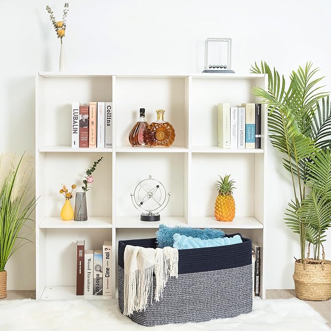 MINTWOOD Design 22in Extra Large Blanket Basket Holder for Living Room, Rectangle Rope Woven Storage Bin with Handles for Laundry, Pool Towels, and Shoes, Dog Toy Box Organizer, Navy Blue