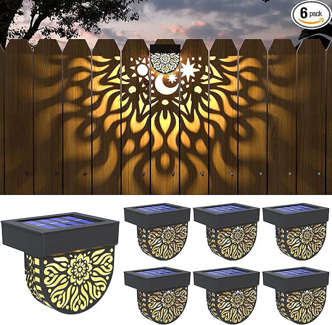 Solar Fence Lights 6 Pack Solar Deck Lights Waterproof LED Powered Step Wall Lanterns Outdoor Decorations Warm Yellow Decorative Lighting for Garden Backyard (Black)