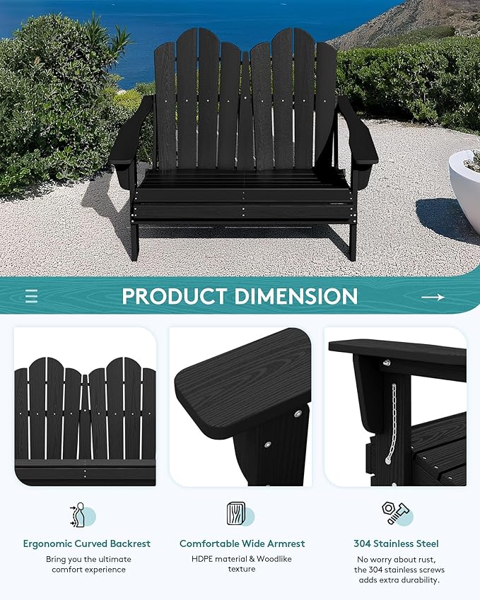 SERWALL Folding Adirondack Bench, HDPE All-Weather Adirondack Loveseat, 660 lbs Capacity, Foldable Outdoor Patio Bench for Deck, Lawn, Garden, Black