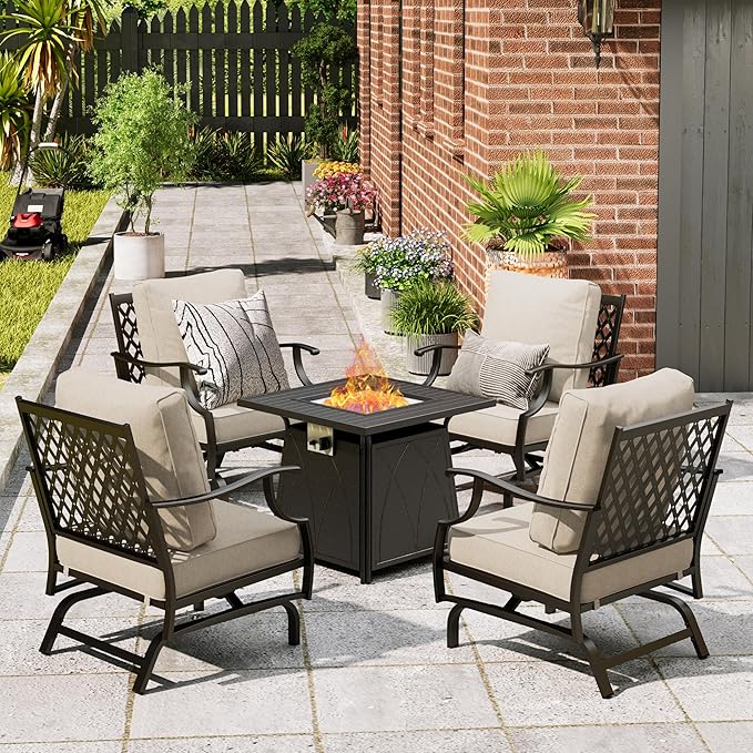 Patio Furniture Set with Fire Pit Table, 5 Pcs Metal Outdoor Conversation Set, 4 Rocking Chairs with 5.75" Extra Thick Cushion and 28" Fire Pit Table for Backyard Deck, Beige